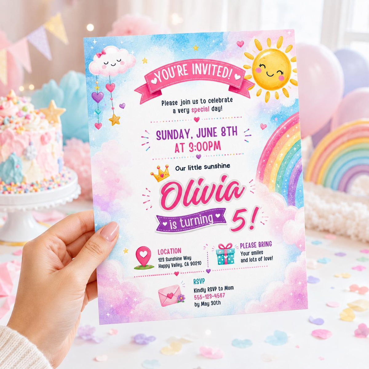 Editable Rainbow Birthday Invitation Canva Template, Girls Cute Fun DIY Sweet Chic Kids Teen Tween Party Invite, Printable Digital Download.