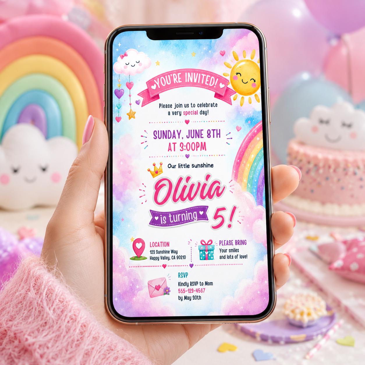 Editable Rainbow Birthday Invitation Canva Template, Girls Cute Fun DIY Sweet Chic Kids Teen Tween Party Invite, Printable Digital Download.