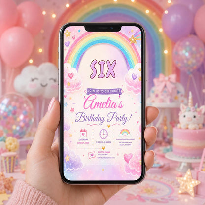 Editable Rainbow Birthday Invitation Canva Template, Pink Girls Kids Cute Modern Fun DIY Chic Teen Party Invite, Printable Digital Download.