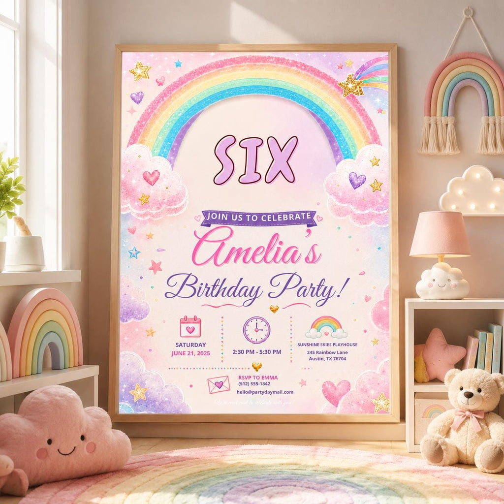 Editable Rainbow Birthday Invitation Canva Template, Pink Girls Kids Cute Modern Fun DIY Chic Teen Party Invite, Printable Digital Download.