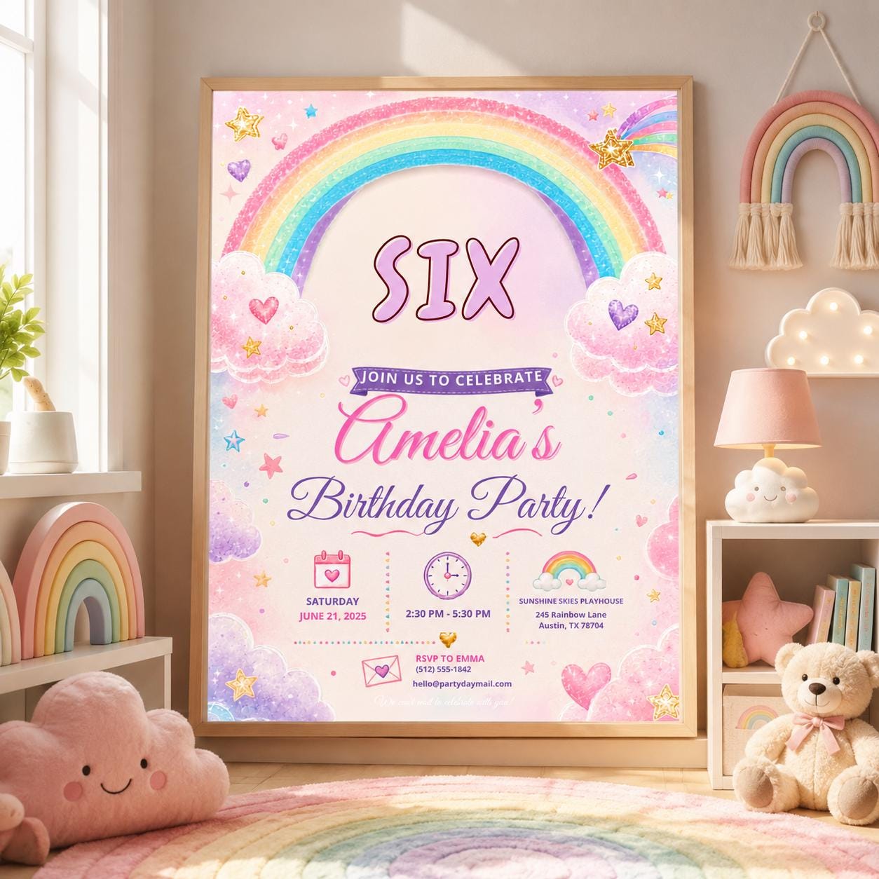 Editable Rainbow Birthday Invitation Canva Template, Pink Girls Kids Cute Modern Fun DIY Chic Teen Party Invite, Printable Digital Download.