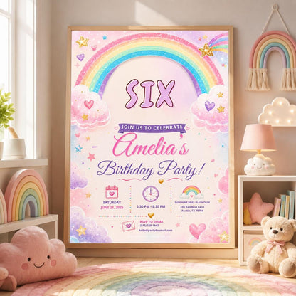 Editable Rainbow Birthday Invitation Canva Template, Pink Girls Kids Cute Modern Fun DIY Chic Teen Party Invite, Printable Digital Download.