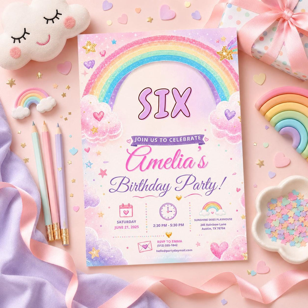 Editable Rainbow Birthday Invitation Canva Template, Pink Girls Kids Cute Modern Fun DIY Chic Teen Party Invite, Printable Digital Download.