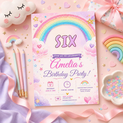 Editable Rainbow Birthday Invitation Canva Template, Pink Girls Kids Cute Modern Fun DIY Chic Teen Party Invite, Printable Digital Download.