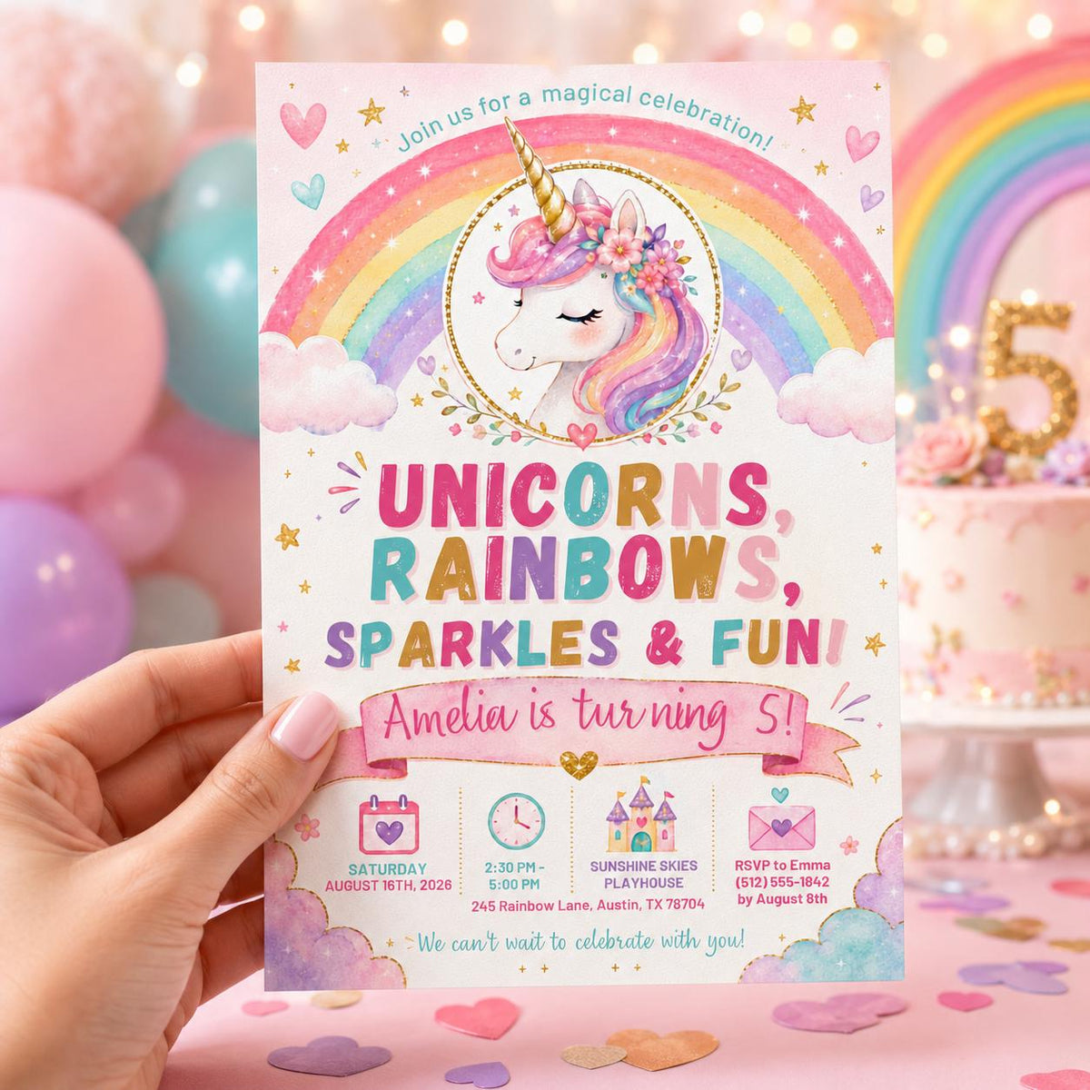 Editable Floral Birthday Invitation Canva Template, Pink Gold Pastel Luxury Cute Fun DIY Chic Kids Party Invite, Printable Digital Download.
