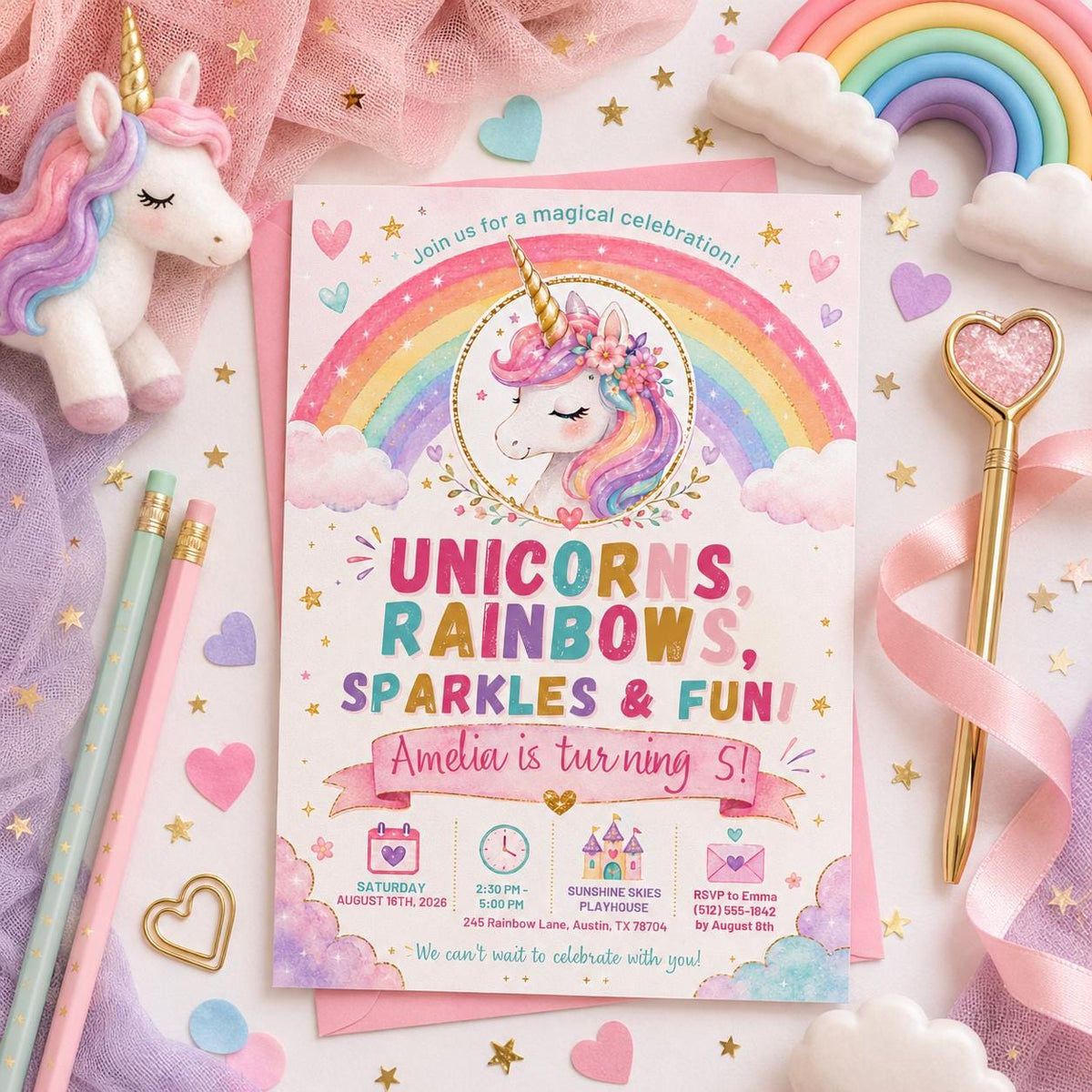 Editable Floral Birthday Invitation Canva Template, Pink Gold Pastel Luxury Cute Fun DIY Chic Kids Party Invite, Printable Digital Download.