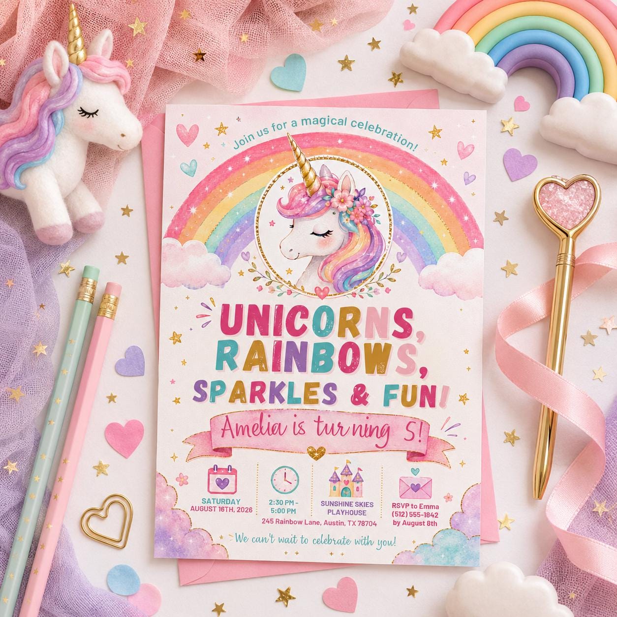 Editable Floral Birthday Invitation Canva Template, Pink Gold Pastel Luxury Cute Fun DIY Chic Kids Party Invite, Printable Digital Download.