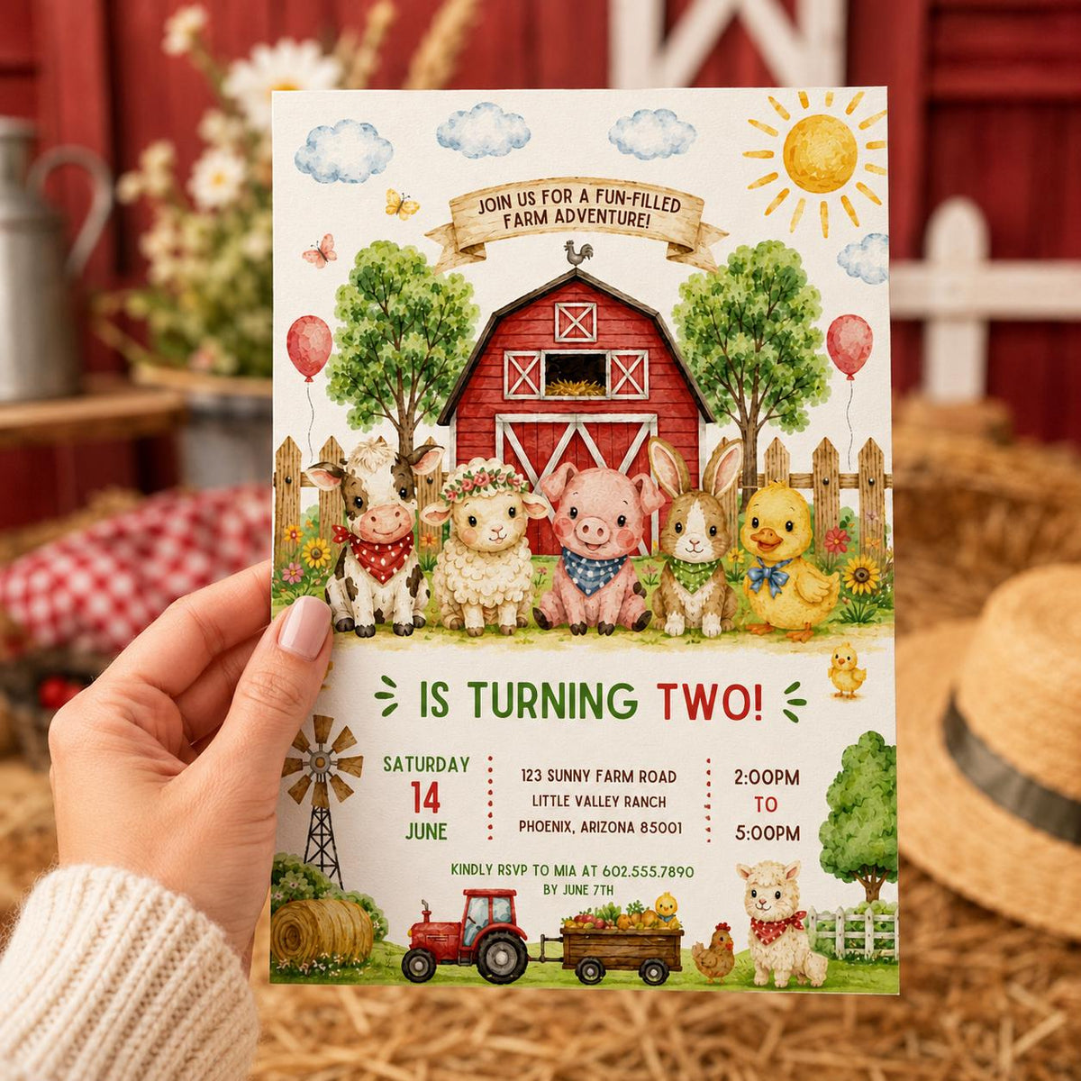 Editable Farm Animals Birthday Invitation Canva Template, Farm Cute Modern Fun DIY Sweet Chic Kids Party Invite, Printable Digital Download.