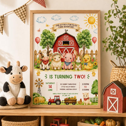 Editable Farm Animals Birthday Invitation Canva Template, Farm Cute Modern Fun DIY Sweet Chic Kids Party Invite, Printable Digital Download.
