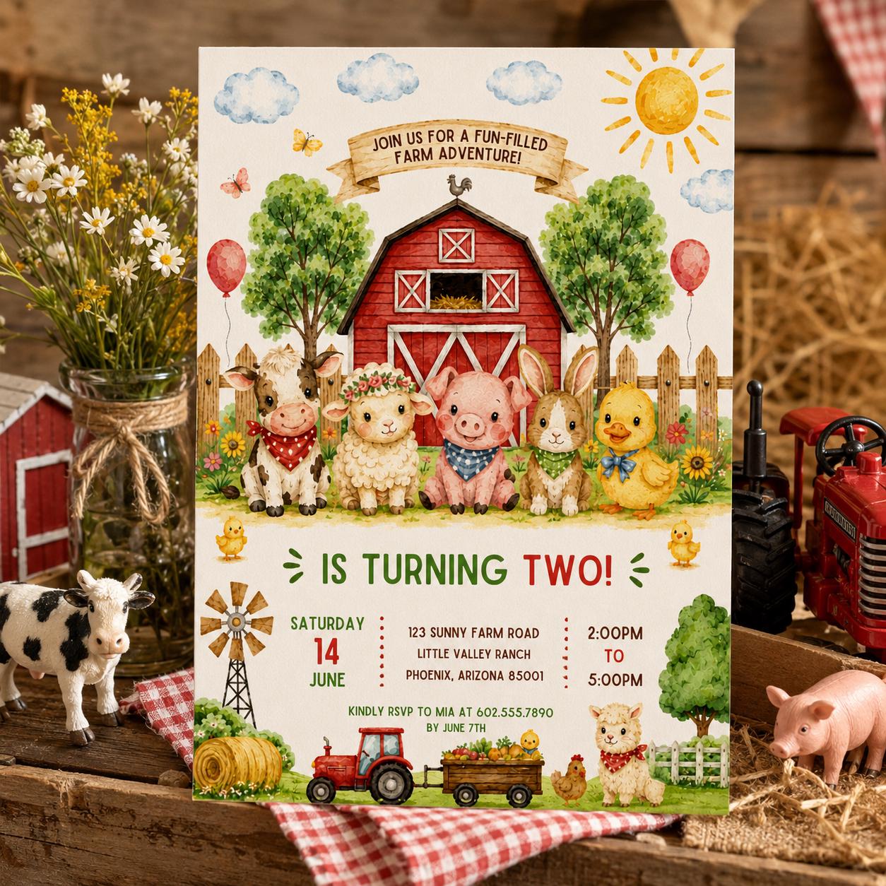 Editable Farm Animals Birthday Invitation Canva Template, Farm Cute Modern Fun DIY Sweet Chic Kids Party Invite, Printable Digital Download.
