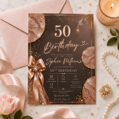 Editable Rustic Birthday Invitation Canva Template, Gold Brown Girls Adult Cute Fun DIY Sweet Chic Party Invite, Printable Digital Download.
