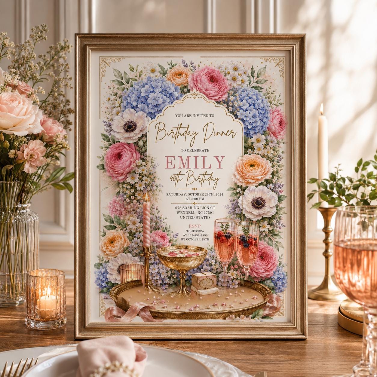 Editable Floral Birthday Invitation Canva Template, Luxury Girls Adult Cute Fun DIY Chic Kids Teen Party Invite, Printable Digital Download.