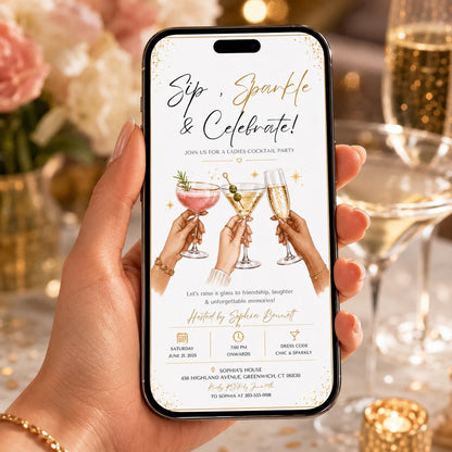 Editable Modern Cocktail Party Invitation Canva Template, Chic Girls Adult Cute Modern Fun Themed DIY Sweet Kids Printable Digital Download.