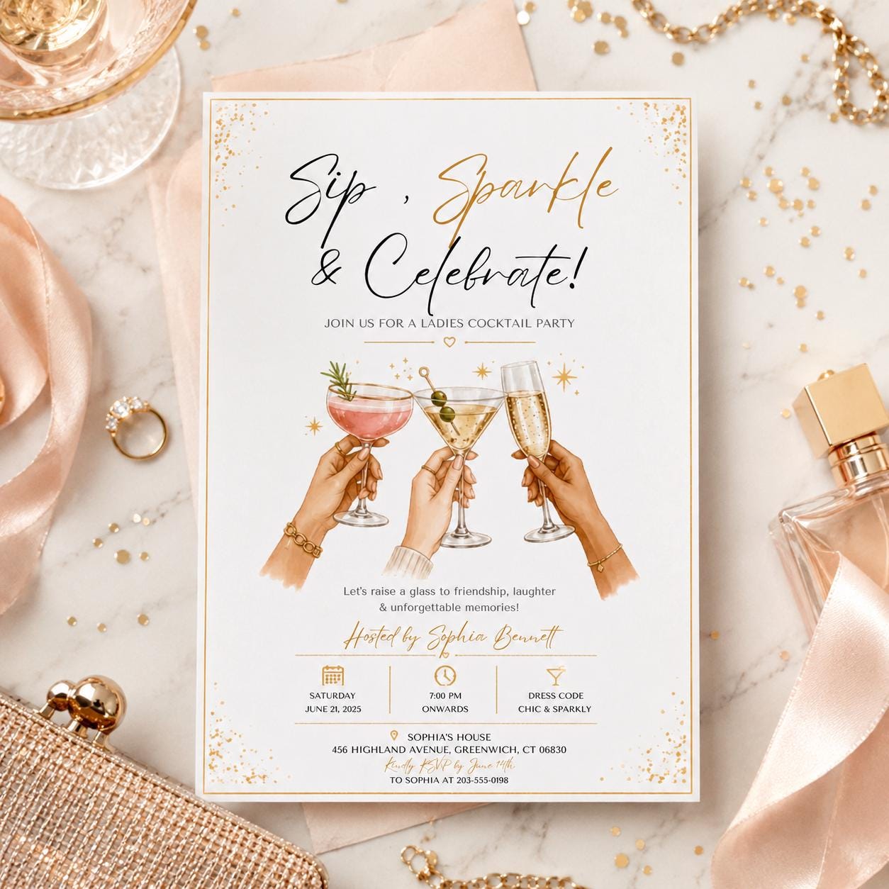 Editable Modern Cocktail Party Invitation Canva Template, Chic Girls Adult Cute Modern Fun Themed DIY Sweet Kids Printable Digital Download.