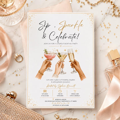Editable Modern Cocktail Party Invitation Canva Template, Chic Girls Adult Cute Modern Fun Themed DIY Sweet Kids Printable Digital Download.