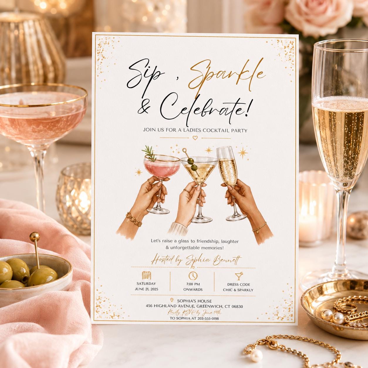 Editable Modern Cocktail Party Invitation Canva Template, Chic Girls Adult Cute Modern Fun Themed DIY Sweet Kids Printable Digital Download.