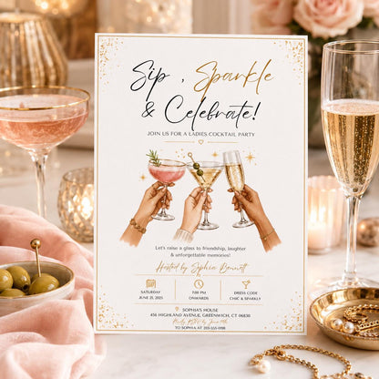 Editable Modern Cocktail Party Invitation Canva Template, Chic Girls Adult Cute Modern Fun Themed DIY Sweet Kids Printable Digital Download.
