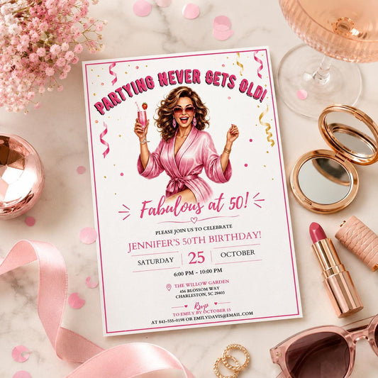 Editable 50th Birthday Invitation Canva Template, Girls Adult Cute Modern Fun Themed DIY Chic Kids Party Invite, Printable Digital Download.