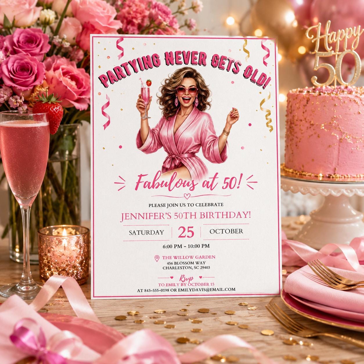 Editable 50th Birthday Invitation Canva Template, Girls Adult Cute Modern Fun Themed DIY Chic Kids Party Invite, Printable Digital Download.