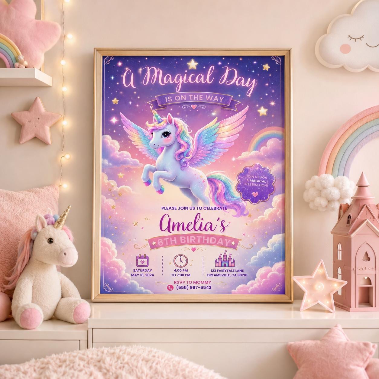 Editable Rainbow Birthday Invitation Canva Template, Girls Cute Fun DIY Sweet Chic Kids Teen Tween Party Invite, Printable Digital Download.