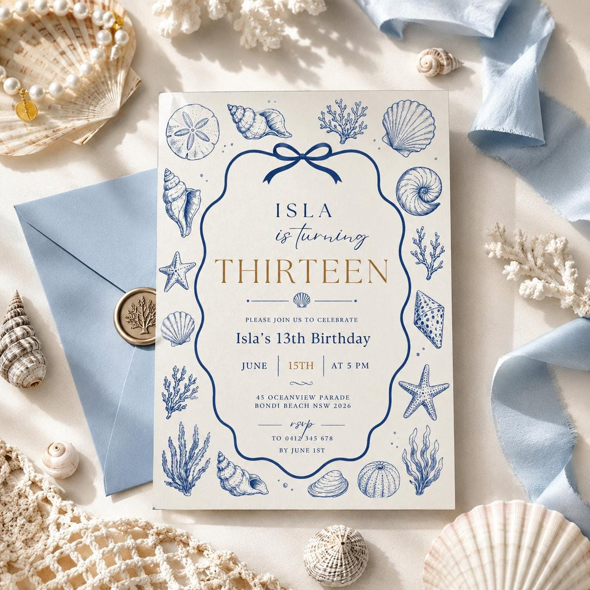 Editable Coastal Seashell Birthday Invitation Canva Template, Blue Girls Teens Cute Modern Fun DIY Party Invite, Printable Digital Download.