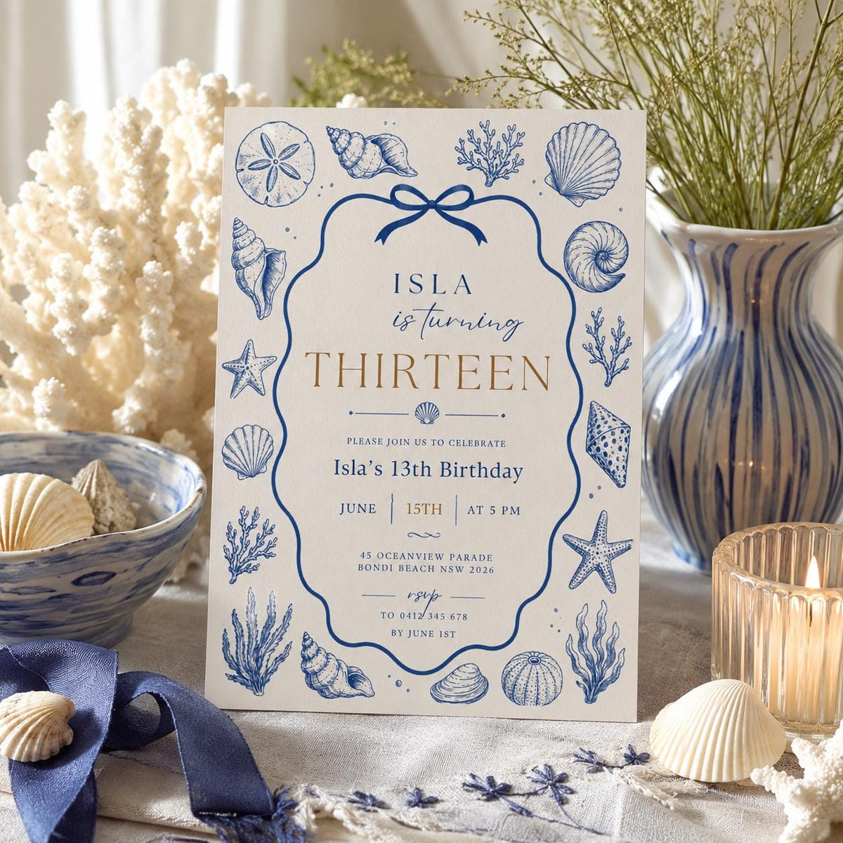 Editable Coastal Seashell Birthday Invitation Canva Template, Blue Girls Teens Cute Modern Fun DIY Party Invite, Printable Digital Download.