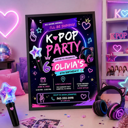 Editable Neon Glow Birthday Invitation Canva Template, Pink Girls Kids Neon Cute Fun DIY Chic Teen Party Invite, Printable Digital Download.