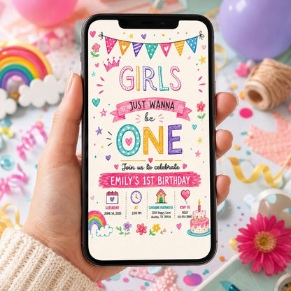 Editable Colorful First Birthday Invitation Canva Template, Cute Modern Pink Girl 1st Birthday Party Invite, Printable DIY Digital Download.