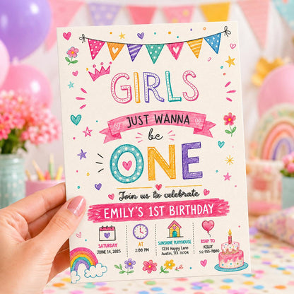 Editable Colorful First Birthday Invitation Canva Template, Cute Modern Pink Girl 1st Birthday Party Invite, Printable DIY Digital Download.