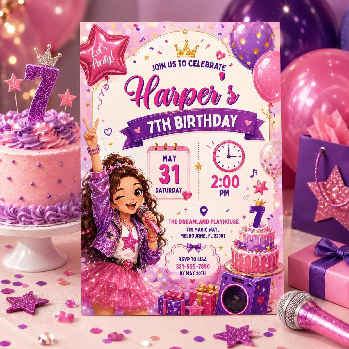Editable Neon Glow Birthday Invitation Canva Template, Girls Neon Cute Modern Fun Themed DIY Sweet Party Invite, Printable Digital Download.