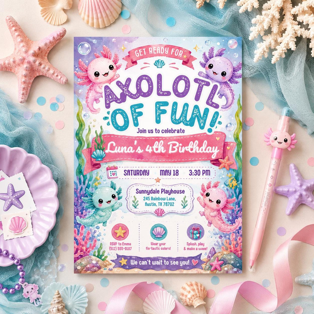 Editable Axolotl Birthday Invitation Canva Template, Girls Cute Fun DIY Sweet Chic Kids Teen Tween Party Invite, Printable Digital Download.