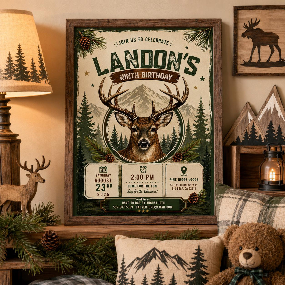 Editable Deer Hunting Birthday Invitation Canva Template, Modern Boys Deer Cute Fun DIY Sweet Chic Party Invite, Printable Digital Download.