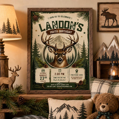 Editable Deer Hunting Birthday Invitation Canva Template, Modern Boys Deer Cute Fun DIY Sweet Chic Party Invite, Printable Digital Download.