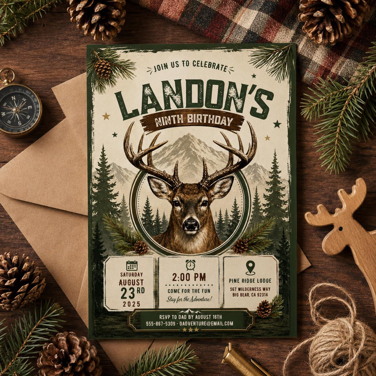 Editable Deer Hunting Birthday Invitation Canva Template, Modern Boys Deer Cute Fun DIY Sweet Chic Party Invite, Printable Digital Download.