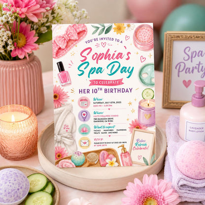 Editable Spa Birthday Invitation Canva Template, Girls Spa Cute Fun DIY Sweet Chic Kids Teen Tween Party Invite, Printable Digital Download.