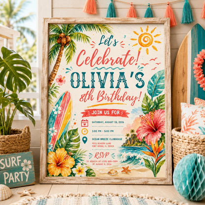 Editable Tropical Birthday Invitation Canva Template, Summer Cute Modern Fun Themed DIY Sweet Chic Party Invite, Printable Digital Download.