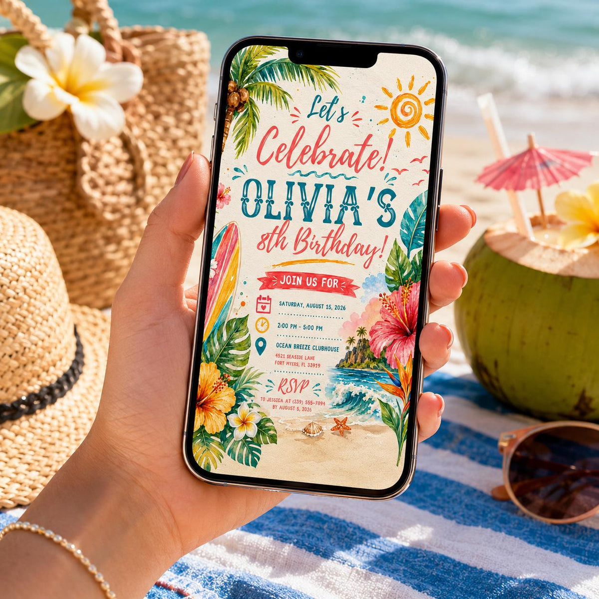 Editable Tropical Birthday Invitation Canva Template, Summer Cute Modern Fun Themed DIY Sweet Chic Party Invite, Printable Digital Download.
