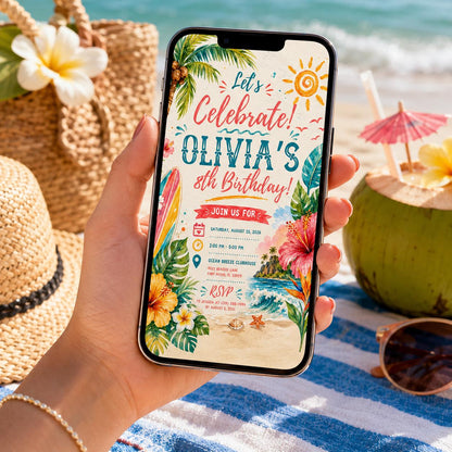 Editable Tropical Birthday Invitation Canva Template, Summer Cute Modern Fun Themed DIY Sweet Chic Party Invite, Printable Digital Download.