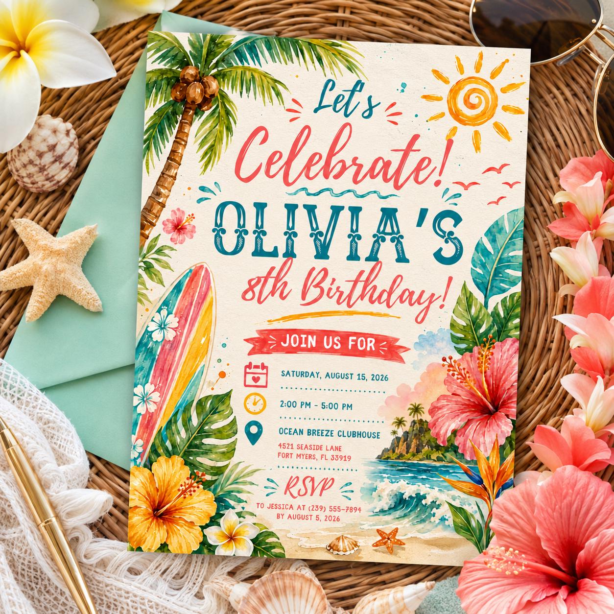 Editable Tropical Birthday Invitation Canva Template, Summer Cute Modern Fun Themed DIY Sweet Chic Party Invite, Printable Digital Download.
