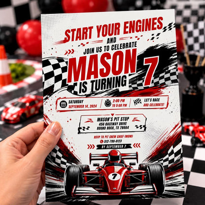 Editable Race Car Birthday Invitation Canva Template, Red Boys Kids Racing Cute Fun DIY Sweet Chic Party Invite, Printable Digital Download.