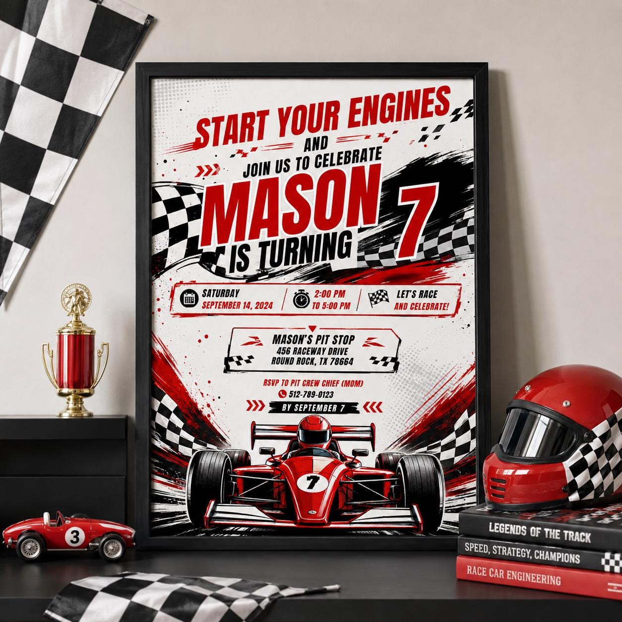 Editable Race Car Birthday Invitation Canva Template, Red Boys Kids Racing Cute Fun DIY Sweet Chic Party Invite, Printable Digital Download.