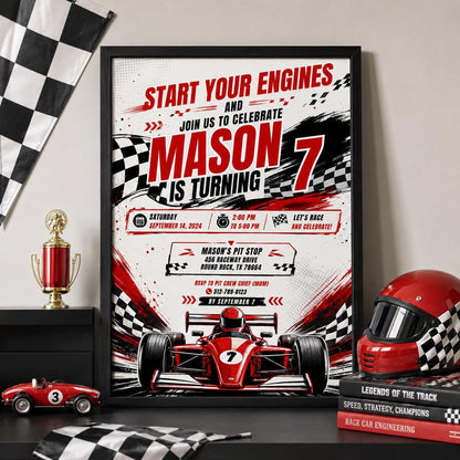 Editable Race Car Birthday Invitation Canva Template, Red Boys Kids Racing Cute Fun DIY Sweet Chic Party Invite, Printable Digital Download.