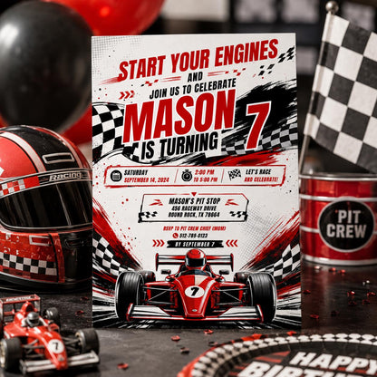 Editable Race Car Birthday Invitation Canva Template, Red Boys Kids Racing Cute Fun DIY Sweet Chic Party Invite, Printable Digital Download.