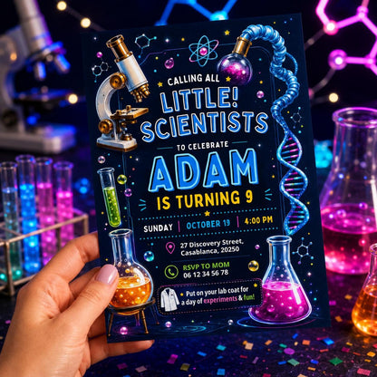Editable Mad Science Experiment Birthday Invitation Canva Template, Neon Rainbow Boys Cute Fun DIY Party Invite, Printable Digital Download.