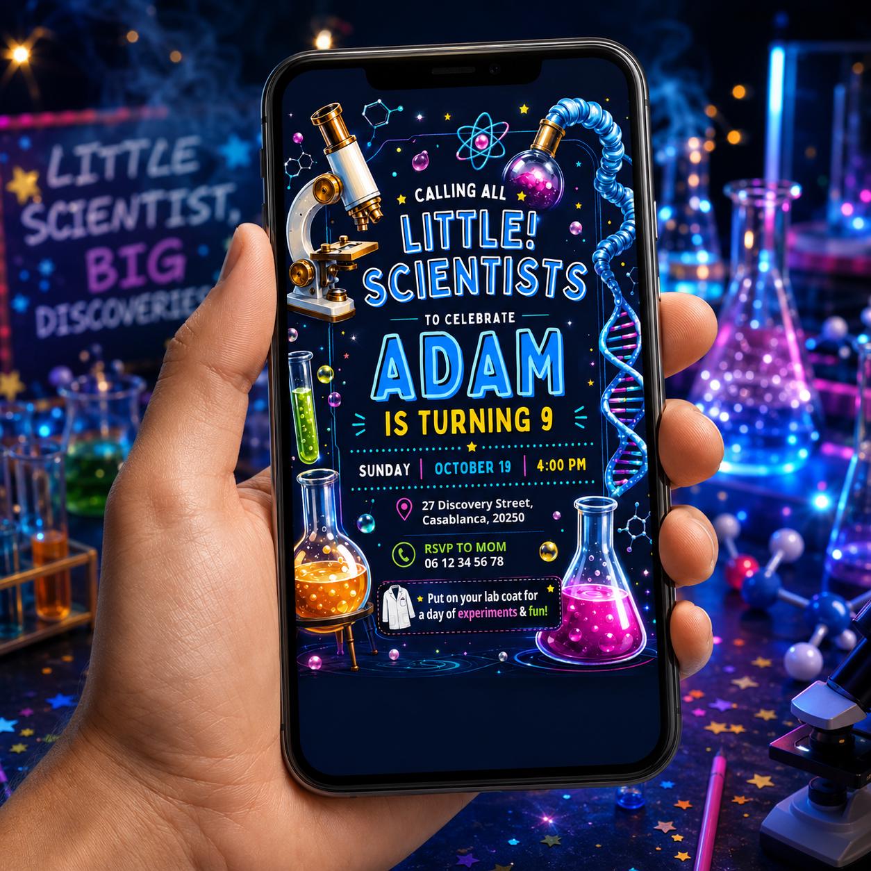 Editable Mad Science Experiment Birthday Invitation Canva Template, Neon Rainbow Boys Cute Fun DIY Party Invite, Printable Digital Download.