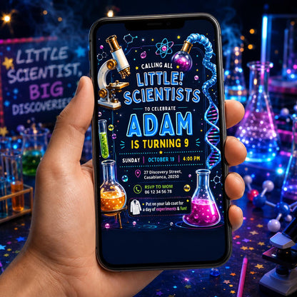 Editable Mad Science Experiment Birthday Invitation Canva Template, Neon Rainbow Boys Cute Fun DIY Party Invite, Printable Digital Download.