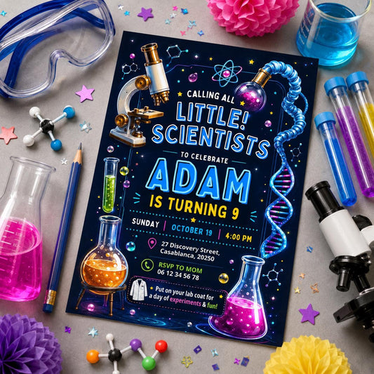 Editable Mad Science Experiment Birthday Invitation Canva Template, Neon Rainbow Boys Cute Fun DIY Party Invite, Printable Digital Download.