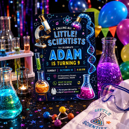 Editable Mad Science Experiment Birthday Invitation Canva Template, Neon Rainbow Boys Cute Fun DIY Party Invite, Printable Digital Download.