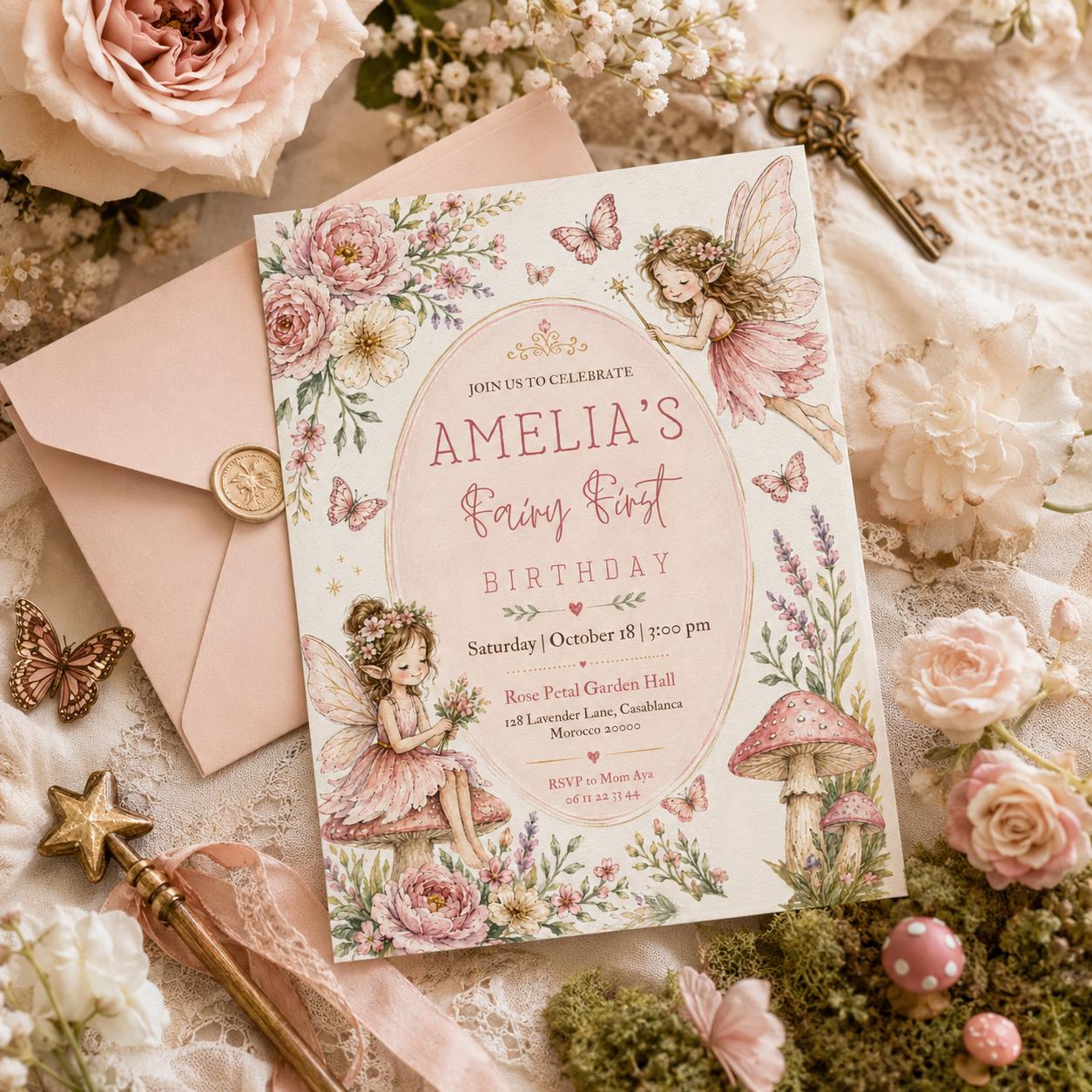 Editable Fairy Garden Birthday Invitation Canva Template, Girls Kids Fairy Cute Fun DIY Sweet Chic Party Invite, Printable Digital Download.