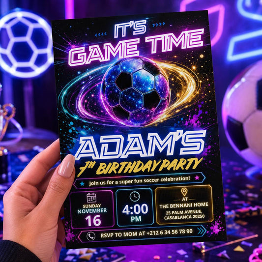 Editable Football Birthday Invitation Canva Template, Neon Boys Kids Teens Sport Cute Fun DIY Chic Party Invite, Printable Digital Download.